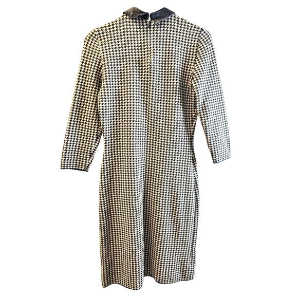 Ralph Lauren Black And Tan Houndstooth Sheath Dress Leather Collar Size Small - Picture 3 of 7